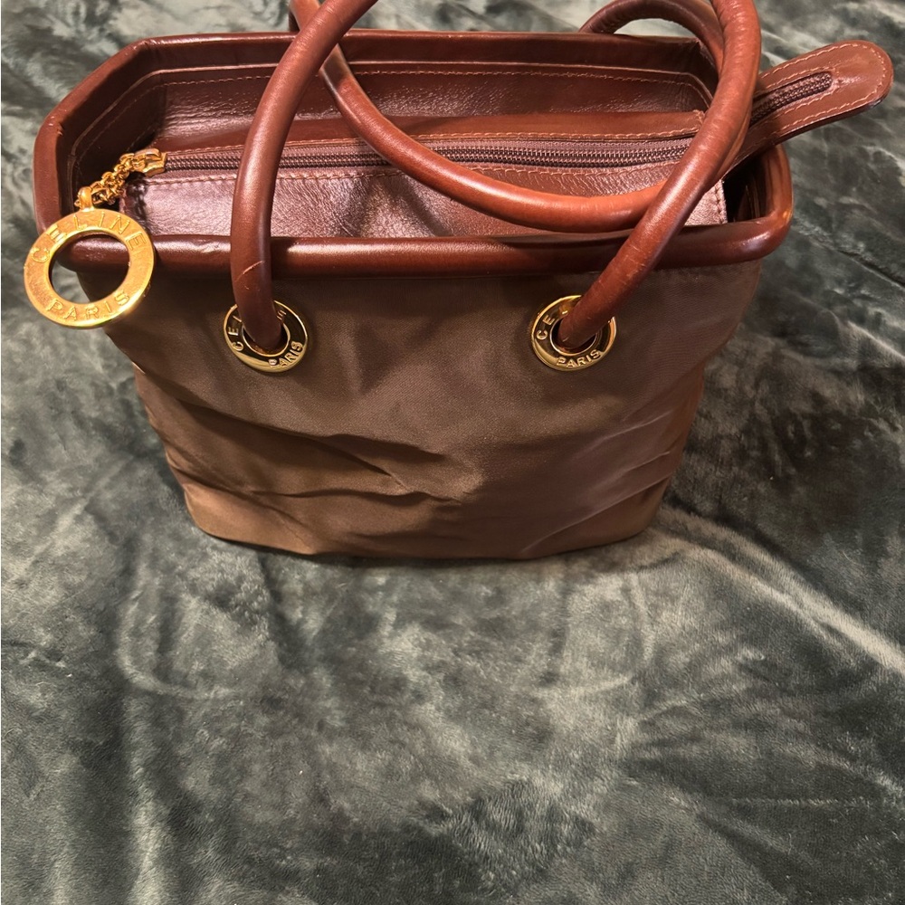Celine Green Nylon and Brown Leather Bag